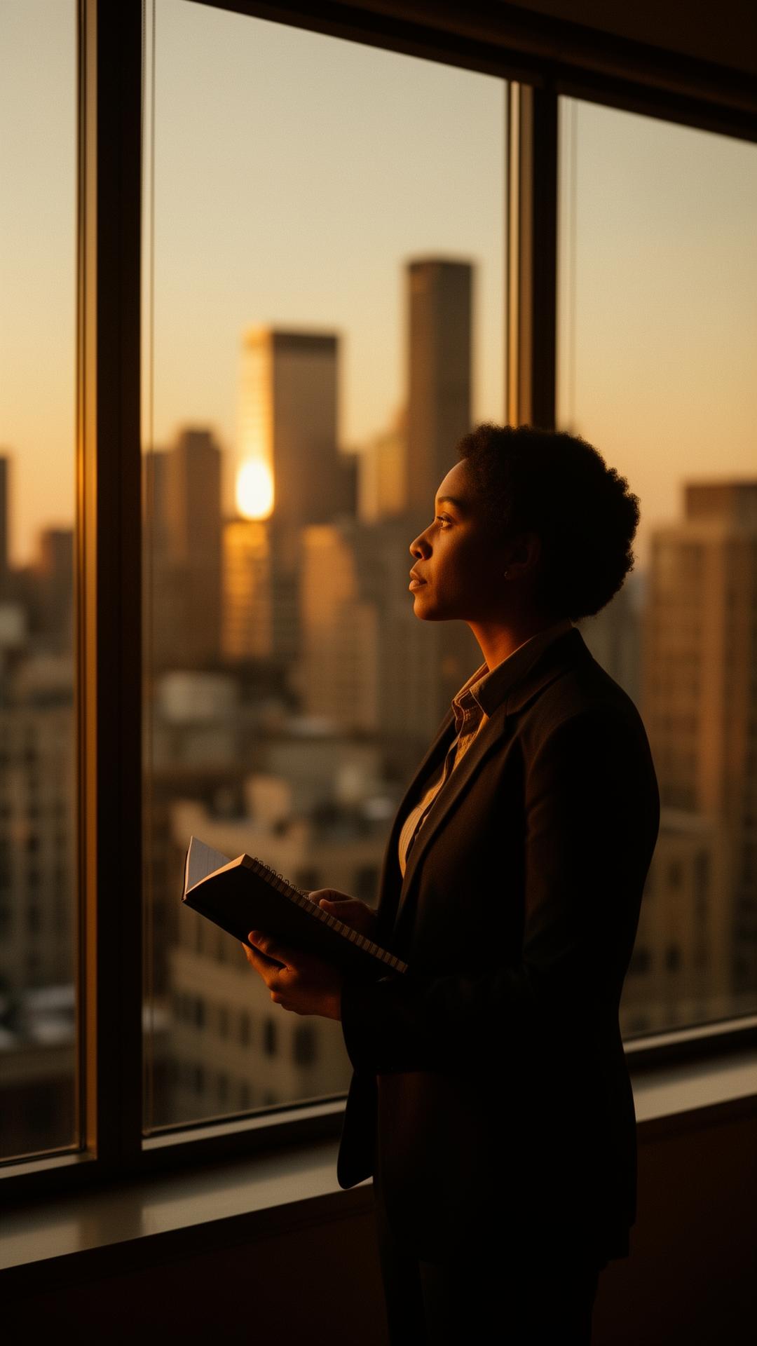 A thoughtful professional looking over a city at dusk, holding a notebook