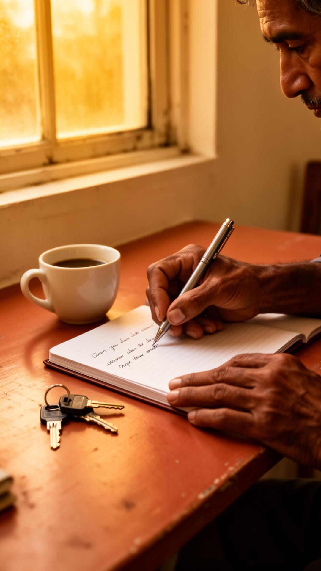 Hands writing in a notebook beside coffee and house keys